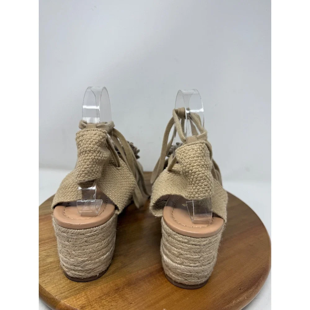 Kate Spade Lafayette Espadrille Beige Suede Pom Pom Lace Up Wedge Sandals 11M